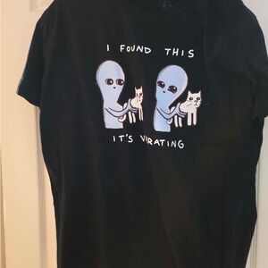 Black Graphic Tee with Blue Alien & White Cat Illustration